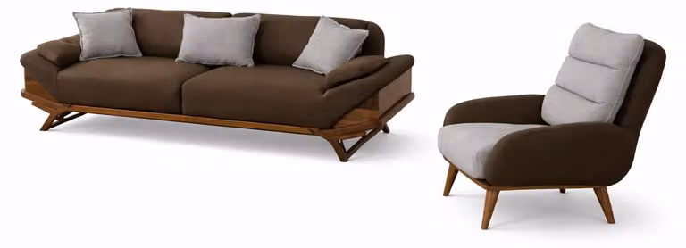 Set da salotto moderno marrone e grigio, bergère di design, comoda, in tessuto