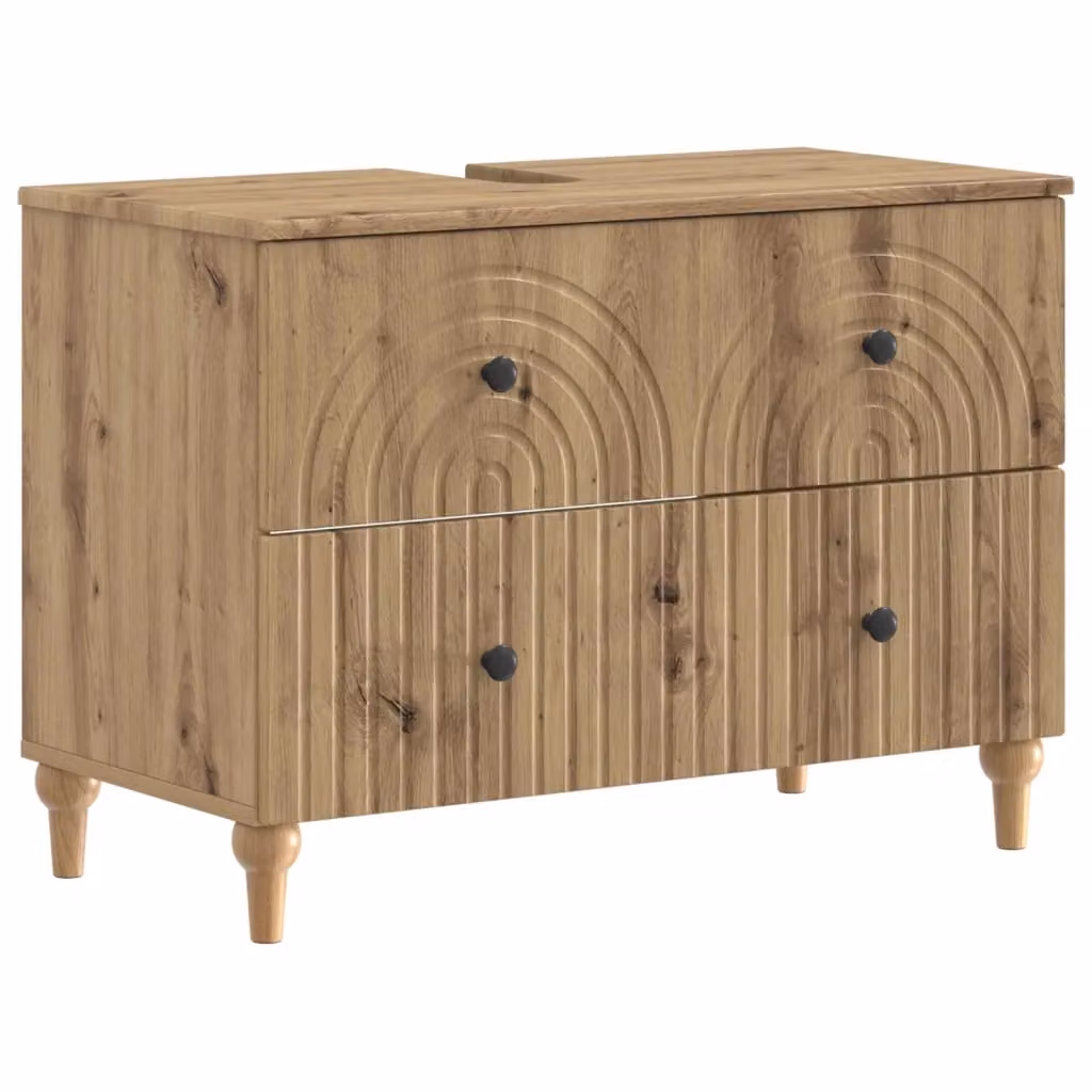 Armadio per lavabo da bagno moderno vidaXL in legno e metallo color rovere e nero con ante e cassetti L/P/H: 82 x 41 x 59 cm – 2