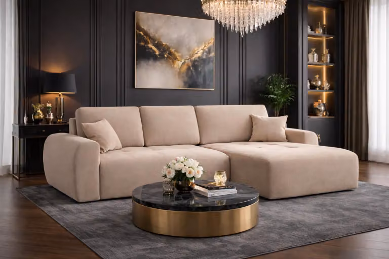 Divano angolare Kaiser Möbel con funzione letto e contenitore, forma a L Ivo L, tessuto velour Salvador, beige, destro