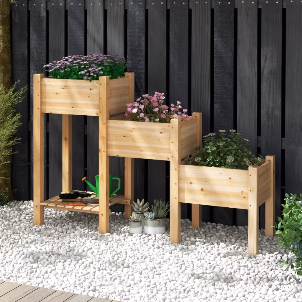 Aiuola da giardino rialzata a 3 livelli in legno marrone per orto e piante ornamentali con fori di drenaggio – 2