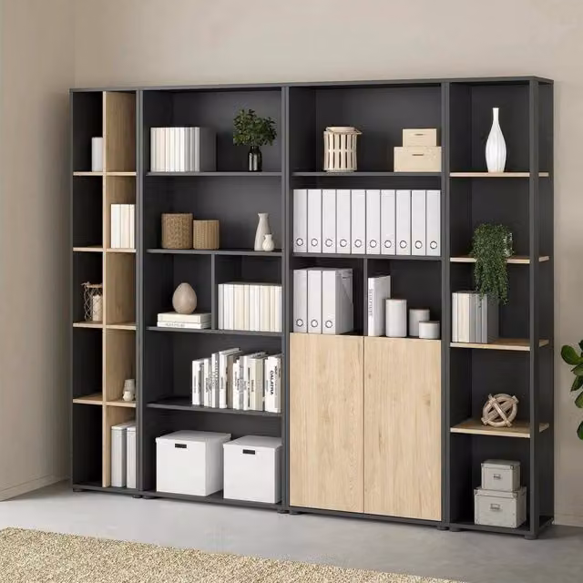 Parete attrezzata DMORA Litvjak per soggiorno, mobile salotto moderno con armadio porta TV e mensole aperte, Rovere e Grigio, L: 241 cm, H: 205 cm, P: 34 cm – 1