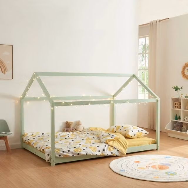 Letto per camerata a forma di casetta en.casa in legno di pino verde menta L/P/H: 200 x 120 x 135 cm