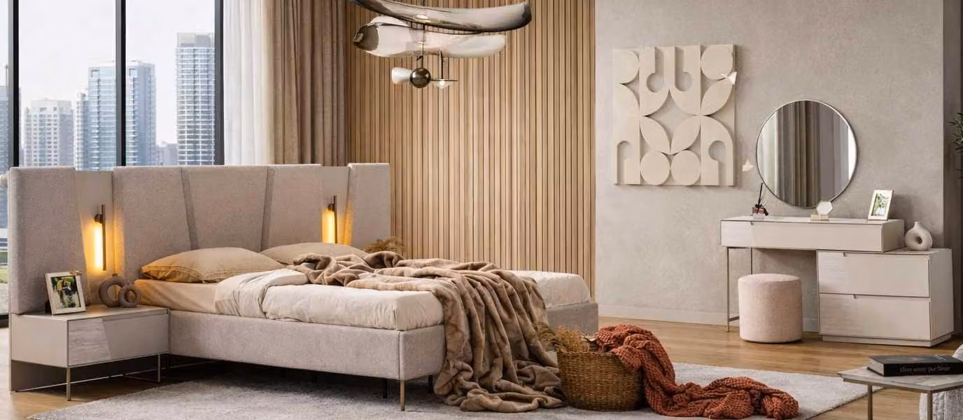 Letto, comodino, toletta, specchio, sgabello, stile moderno, colore beige