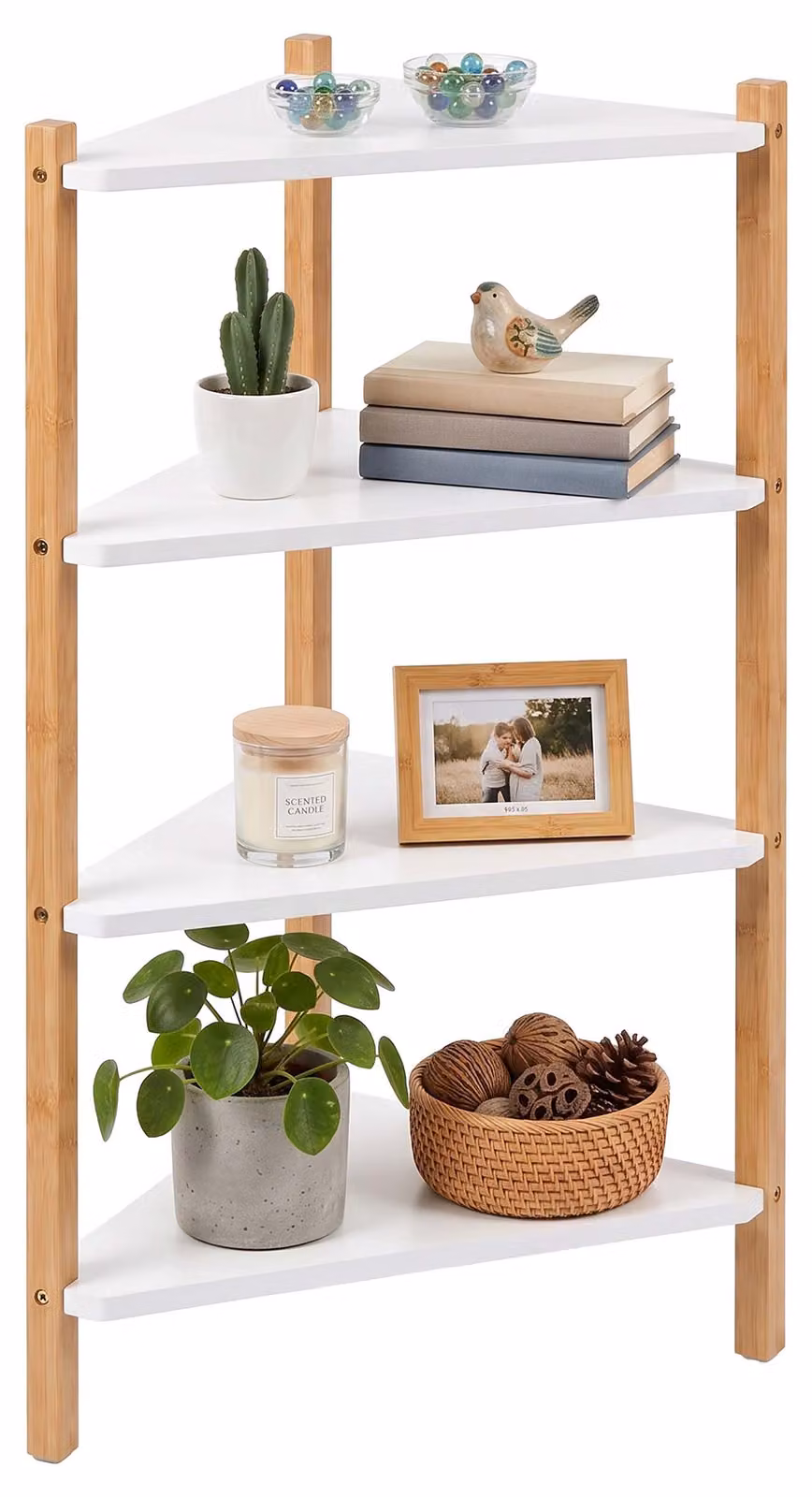 Relaxdays, scaffale angolare, dimensioni: 80 x 46 x 25 cm, 4 ripiani, scaffale autoportante per soggiorno o bagno, realizzato in MDF e bambù, colore bianco/naturale
