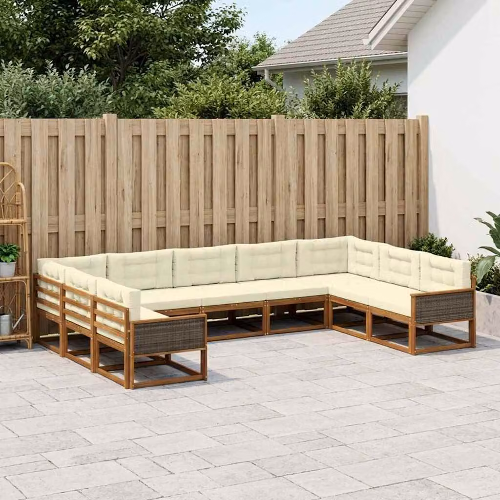 Set di divani da esterno a L vidaXL in legno di acacia con cuscini, 9 pezzi, Beige e Marrone