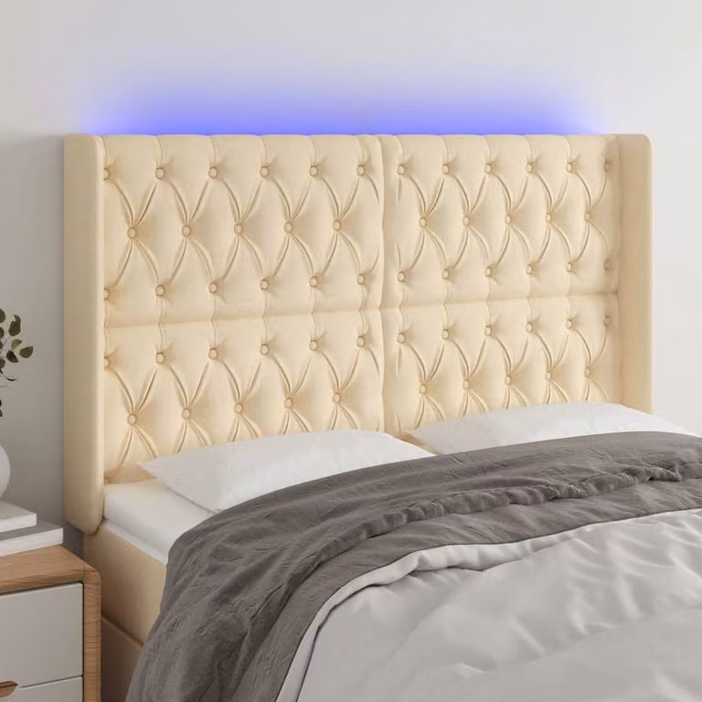 Testiera con LED e porta USB vidaXL in tessuto beige L: 163 cm, P: 16 cm, H: 118/128 cm