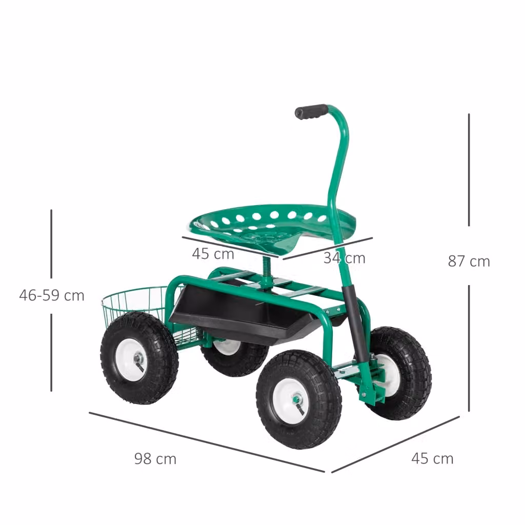 Carrello da giardino WISHDOR con seduta girevole e vassoio portaoggetti, altezza regolabile, verde – 2