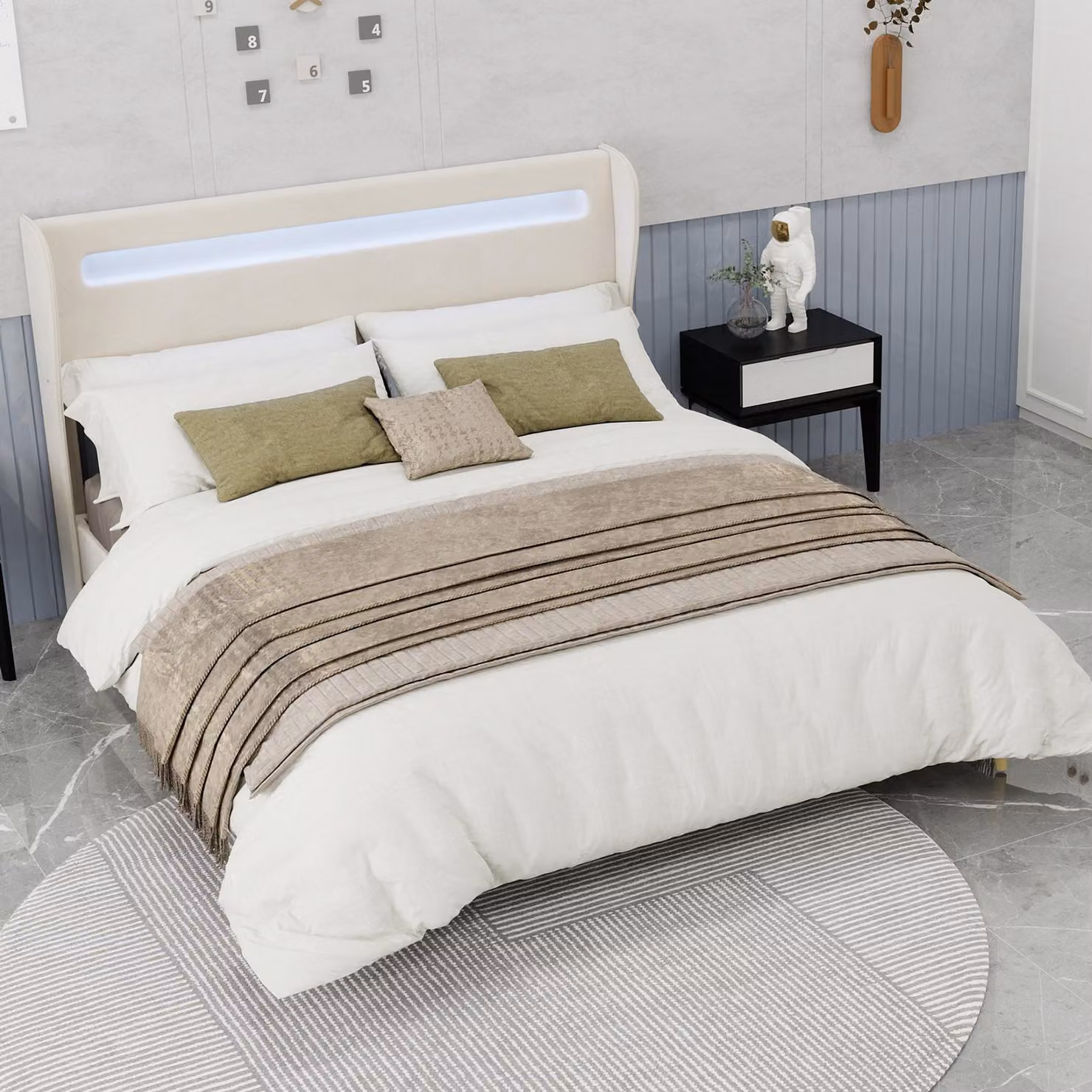 MODFU Letto imbottito moderno 160x200 con illuminazione LED cambia colore e testata, mobili per camera da letto letto letto matrimoniale con diversi supporti, senza materasso, beige