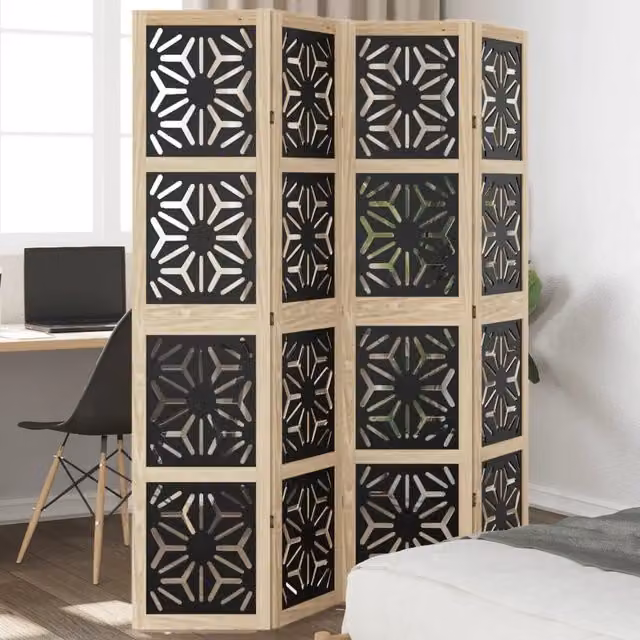 Divisorio Ambienti vidaXL con 4 Pannelli Geometrici in Legno di Paulownia, Marrone e Nero, Moderno