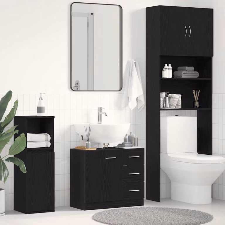 Lavabo Mobile vidaXL Rovere Nero con Ante a Battente e Cassetti, L 63 x P 30 x H 54 cm