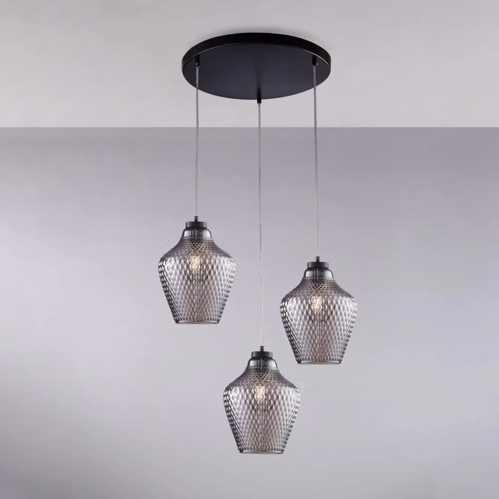 Lampada a sospensione Maya Belight con 3 luci in ferro nero e vetro soffiato grigio specchiato – 2