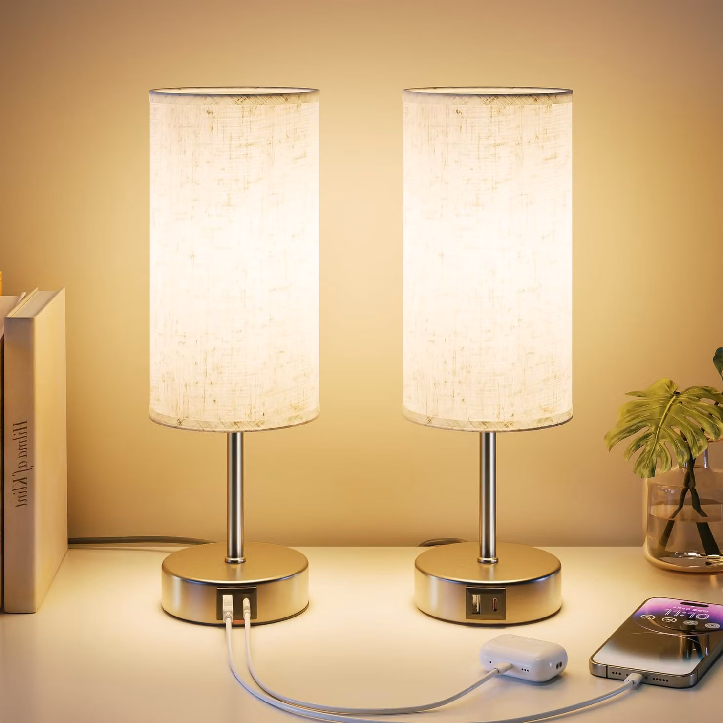 UPXNBOR, set di 2 lampade da comodino con controllo touch, lampade da tavolo dimmerabili con funzione di ricarica