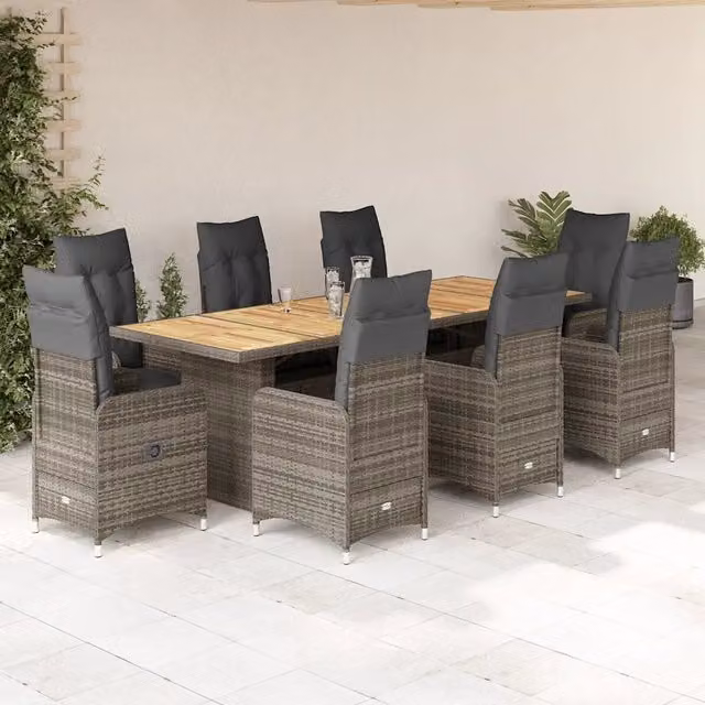 Set da giardino vidaXL in polyrattan e legno di acacia grigio, 9 pezzi