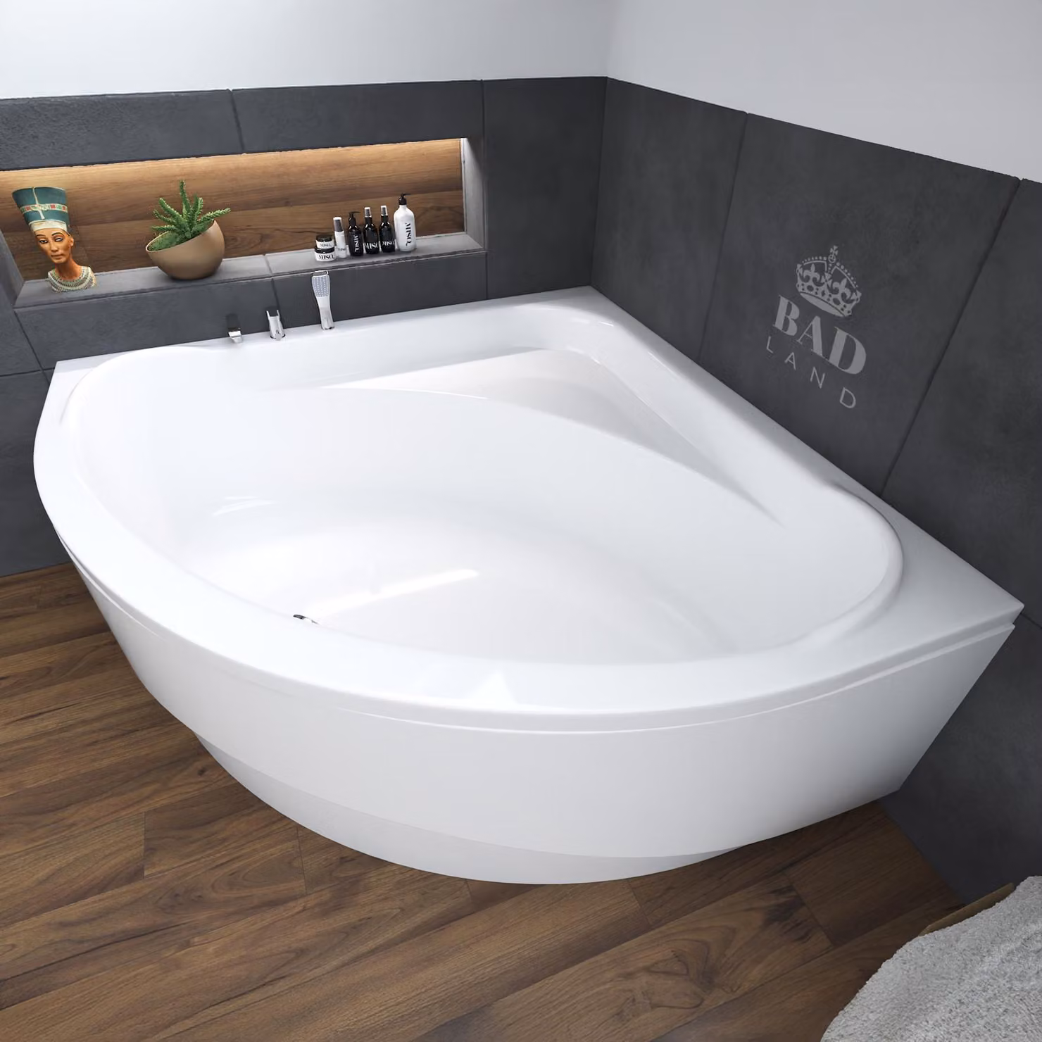 Vasca angolare 140x140 con grembiule in acrilico, set di scarico e piedini GRATIS | Set completo 4in1 vasca originale in acrilico con sifone | BADLAND STANDARD