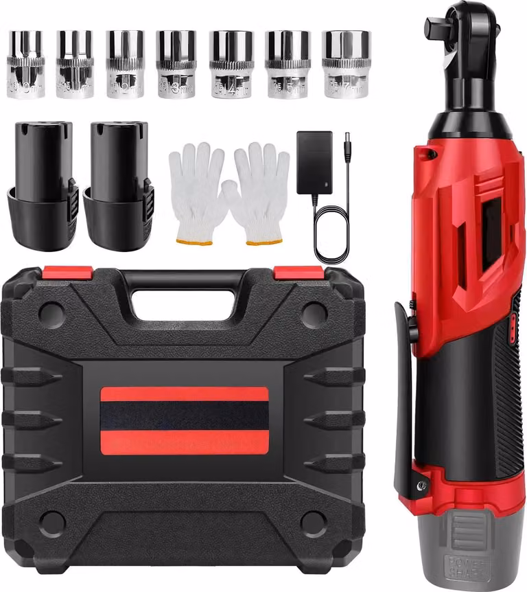 Set di chiavi a cricchetto a batteria - Avvitatore a impulsi angolato a 90° - Attacco quadrato da 0,95 cm - Coppia di serraggio di 200 Nm - 2 batterie agli ioni di litio da 1300 mAh - Set di 7 chiavi a bussola