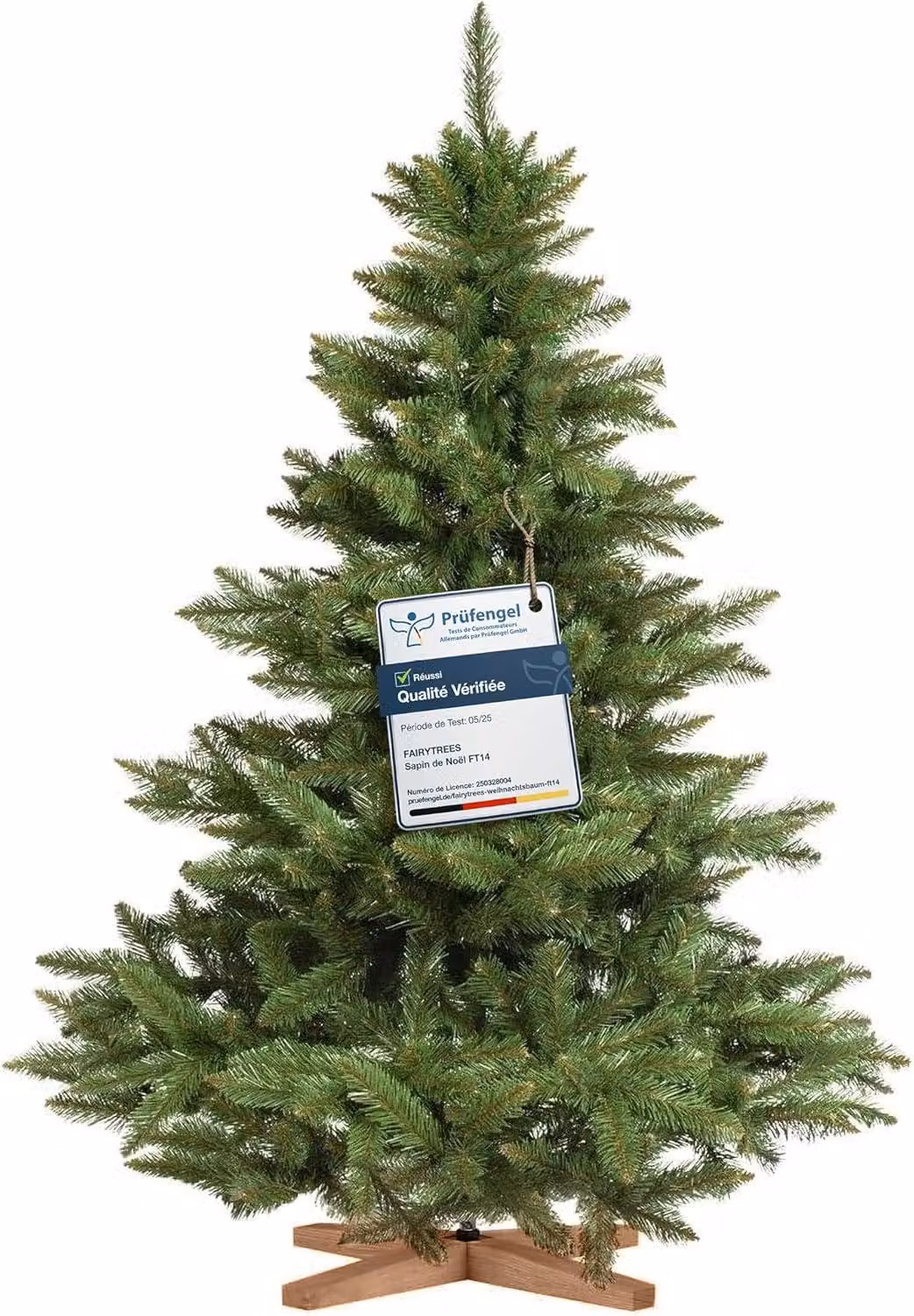 FairyTrees albero di Natale artificiale 150cm Abete Nordmann con supporto in legno | Albero di Natale artificiale con tronco verde | Facile da Montare | Prodotto in EU