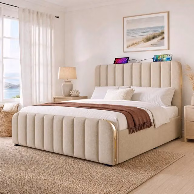 Letto matrimoniale contenitore ULEVR 160x200 cm con testiera imbottita, USB e Type-C, lino beige