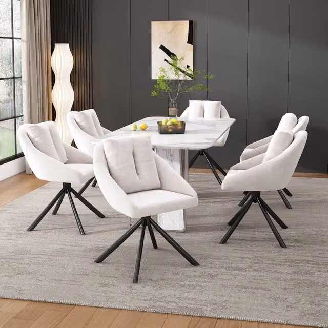 Set di 6 sedie da pranzo Zephmum in velluto beige, girevoli con ruote e struttura in metallo, design moderno ed ergonomico