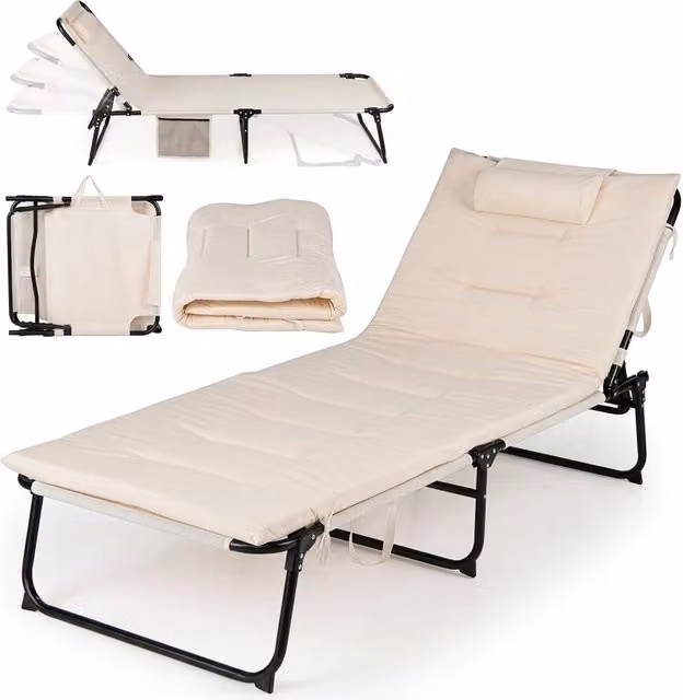 Lettino prendisole pieghevole beige con schienale regolabile, poggiatesta e tasca laterale, portata 120 kg