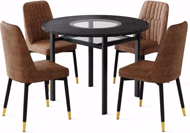 Set tavolo e sedie da pranzo con tavolo rotondo e 4 poltrone, ripiano in vetro, MDF tessuto e metallo marrone e nero