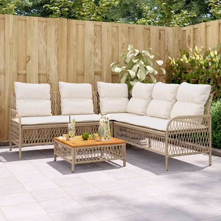 Set Divani da Giardino a L vidaXL con Cuscini Beige e Tavolino, Struttura in Metallo e Polyrattan per Terrazza o Giardino