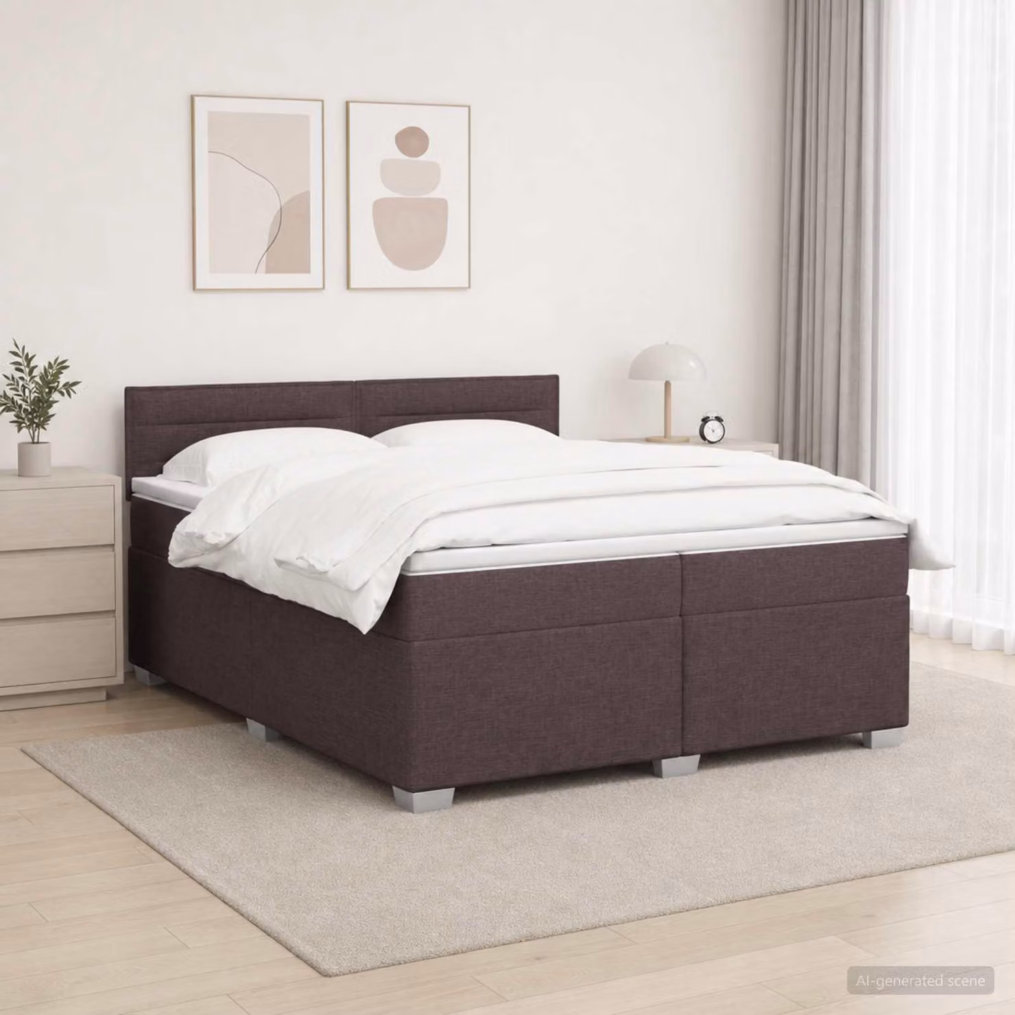 Letto matrimoniale con boxspring, materasso e illuminazione LED, colore marrone scuro, dimensioni 200 x 200 cm