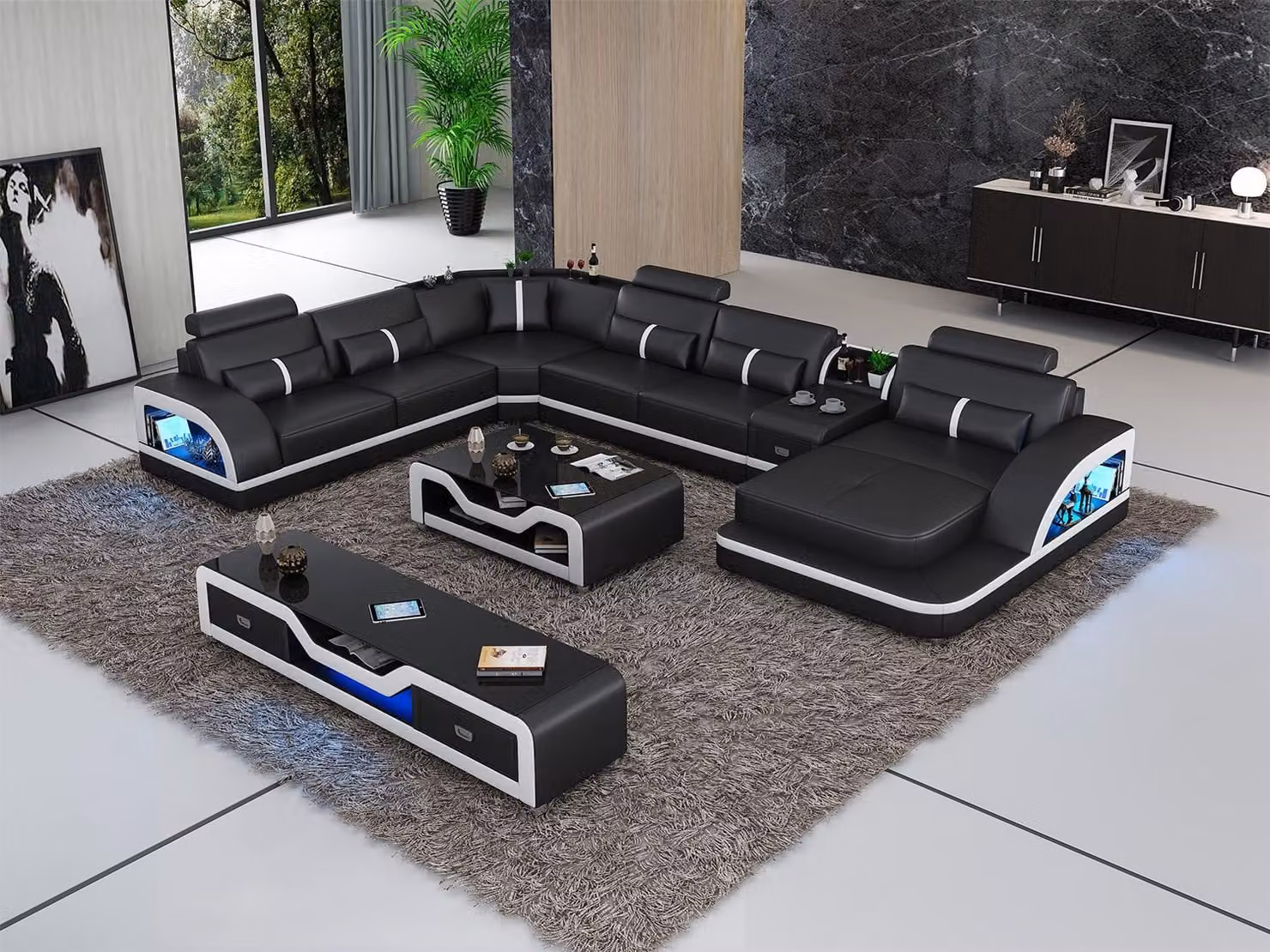 Ecksofa Schwarz mit Couchtisch 2tlg. Wohnzimmer Ledersofa Set Eckgarnitur Tisch