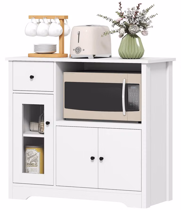 HOMCOM Credenza da cucina con ripiano per microonde, 3 ante, cassetto, bianco