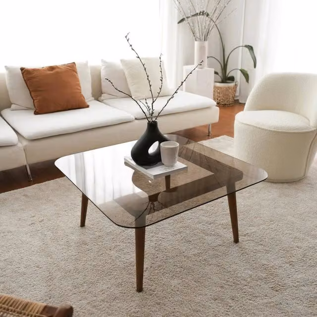 Tavolino da salotto moderno DMORA Mezzagno con piano in vetro trasparente e struttura in legno, colore marrone bronzo, L/P/H: 80 x 80 x 40 cm – 1