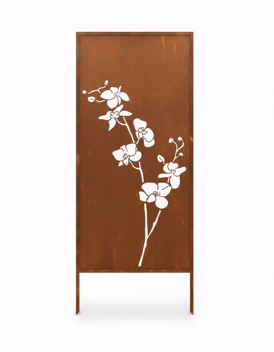 Pannello divisorio decorativo da giardino in ferro anticato 120x50 cm con fiori di orchidea