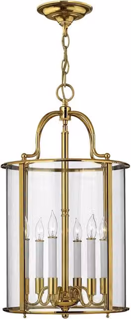 Lampadario a sospensione Hinkley Gentry in ottone e vetro trasparente con 6 luci E14