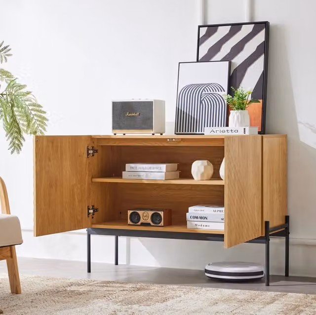 Credenza moderna in legno e metallo beige e marrone con finitura opaca L/P/H: 100 x 40 x 75 cm