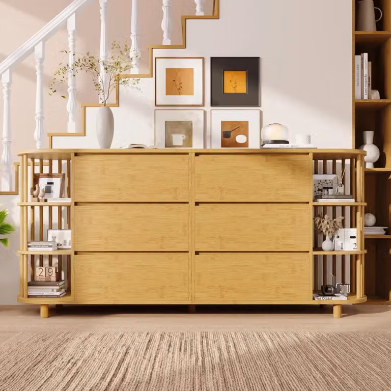 Credenza moderna in bambù e MDF color rovere con 6 cassetti e ripiani aperti, L 160 x P 40 x H 75 cm