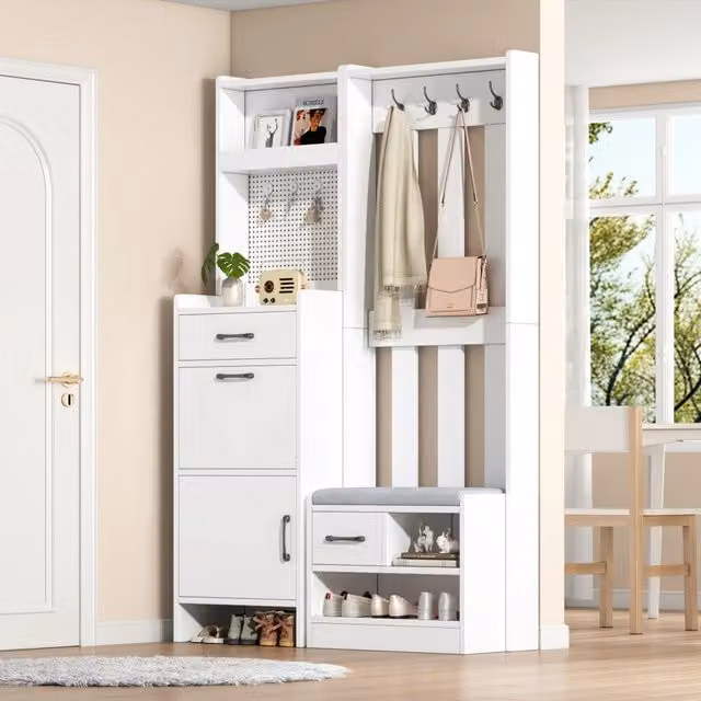 Appendiabiti da ingresso REDOM con panca e 2 cassetti, colore bianco, L: 110 cm, P: 35 cm, H: 175,5 cm