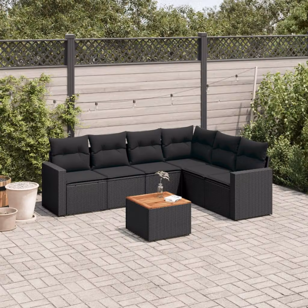 vidaXL Set Divani da Giardino a L con Cuscini 7pz in Polyrattan Nero e Legno di Acacia – 1