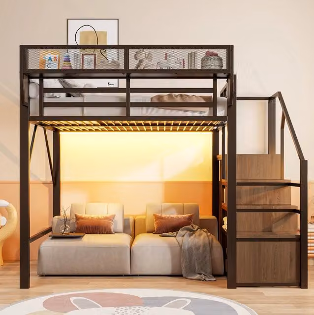 Letto a soppalco in metallo 140 × 200 cm con scala; LED e ripiano regolabile; nero