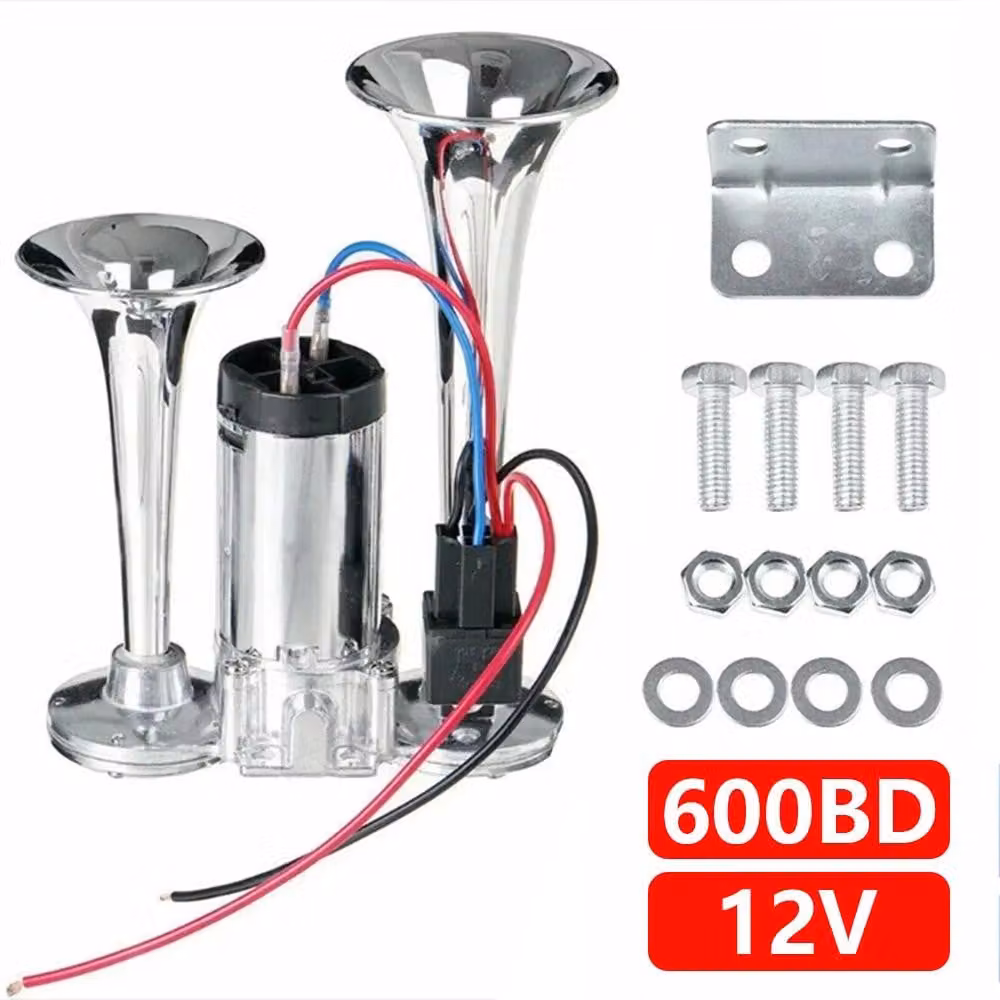 Clacson pneumatico elettrico - 12 V - Design a doppia tromba - Metallo - Compressore elettrico - Cromato - Adatto a diversi modelli