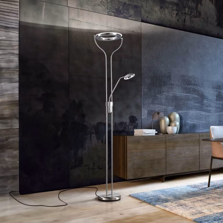 FISCHER & HONSEL Lampada da terra con luce lettura Davos, dimmerabile, Alluminio / Grigio / Zincato, Soggiorno / Sala da pranzo, Metallo, Lampada LED da terra