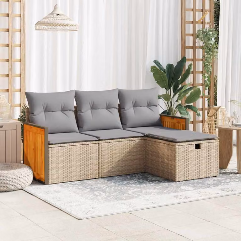 Set Divano da Giardino a L vidaXL in Polyrattan con Cuscini Beige e Struttura in Acciaio e Legno di Acacia