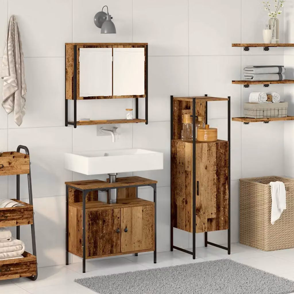 Set di mobili per il bagno moderno vidaXL composto da 3 pezzi in legno marrone e nero con armadietto a specchio, mobile sottolavabo e colonna alta