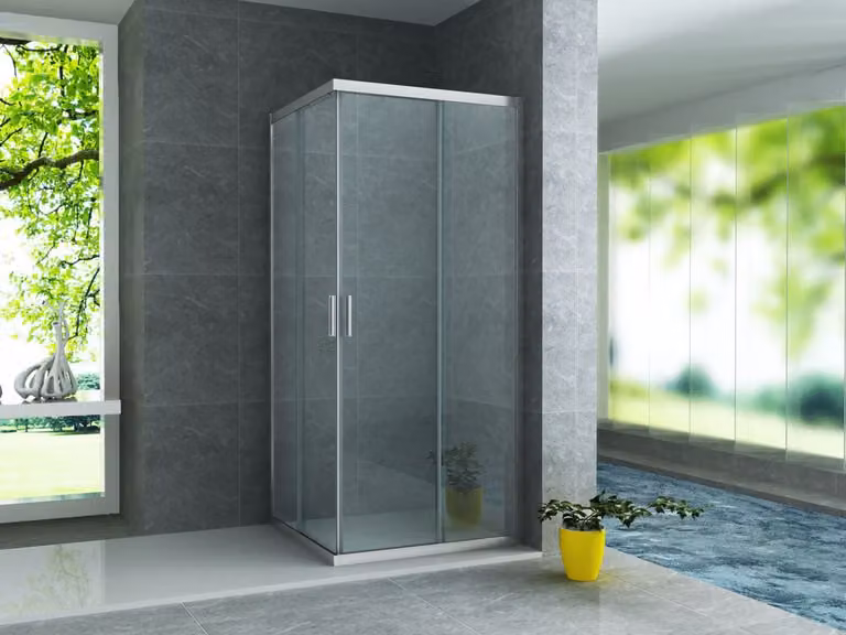 Cabina doccia angolare con porta scorrevole, struttura cromata, dimensioni 80x80x195 cm