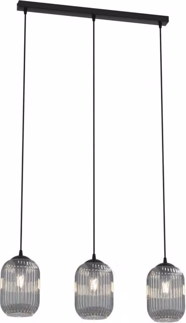 Lampadario a sospensione Luceart-Classic con 3 luci in acciaio nero e vetri plissettati fumè grigi