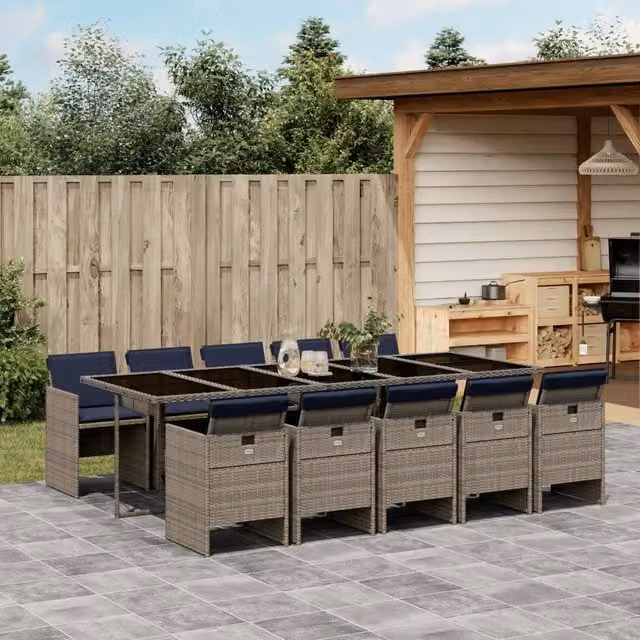Set da pranzo da giardino vidaXL in polyrattan grigio con cuscini blu e piano in vetro per 11 persone – 1