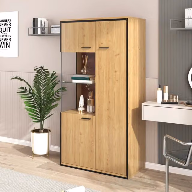 Vetrina MIVRAY moderna con porta in vetro e illuminazione LED a 15 colori, tre ripiani regolabili in MDF naturale, colore beige/marrone, L: 77.5 cm, P: 40 cm, H: 150 cm