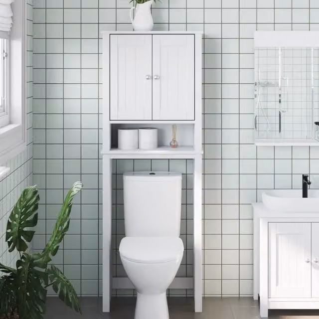 Portaoggetti sopra WC vidaXL in legno di pino bianco con ante a cerniera e ripiani, L: 60 cm, P: 27 cm, H: 164,5 cm