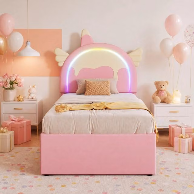 Letto per bambini forma unicorno 90x200 cm con letto estraibile, struttura in PU e MDF, rosa