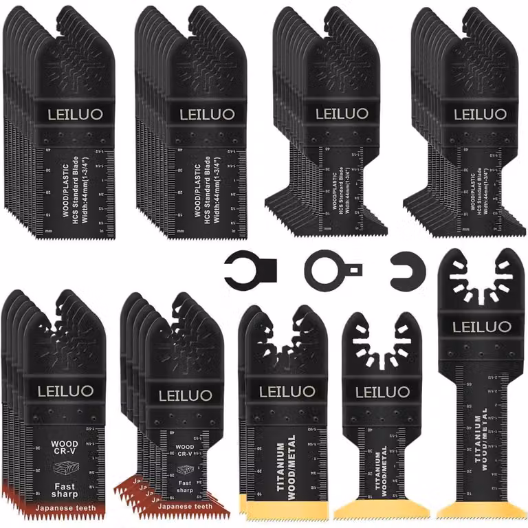 Set di accessori per utensile multifunzione, 50 pezzi, per legno, chiodi, cartongesso, accessori per seghe oscillanti, con custodia. Compatibile con DeWalt, Makita, Dremel (adattatore incluso)