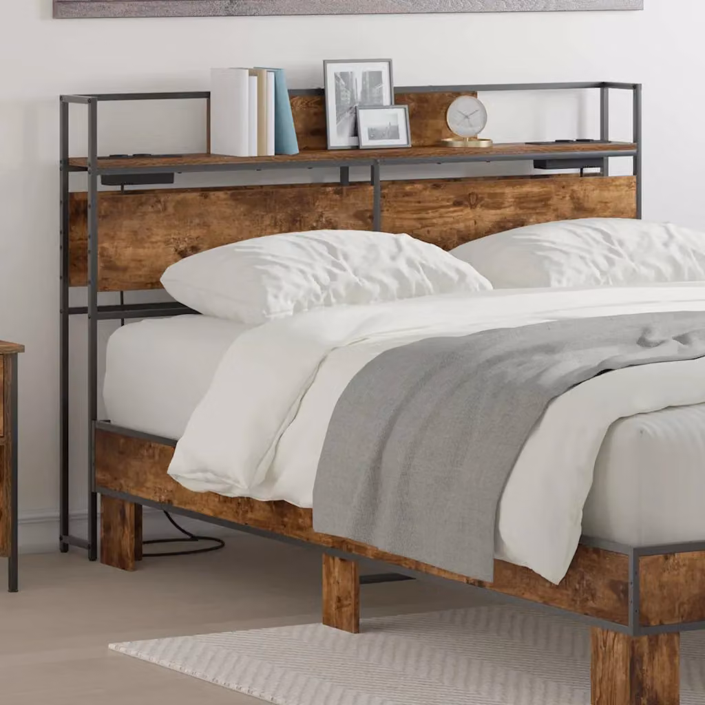 Testata letto con contenitore vidaXL in legno e metallo color rovere fumo con ripiano integrato e porta di ricarica USB, L: 150 cm, H: 98 cm, P: 15 cm
