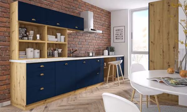 Mobile cucina "Bonn AV" Cucina-soggiorno 300cm completamente allungabile rovere artigianale fronte blu navy opaco