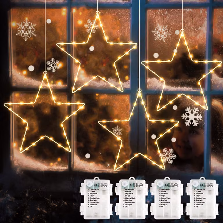 SALCAR 4 pezzi 120 LED luci fiabesche LED stella decorazione finestra Stella di Natale illuminata a batteria Appendere 8 modalità con timer e memoria Bianco caldo